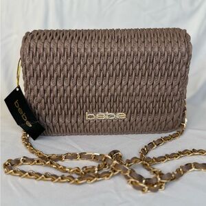 Bebe Boston Crossbody Bag Taupe Woven Faux Leather Gold Chain Strap NWT